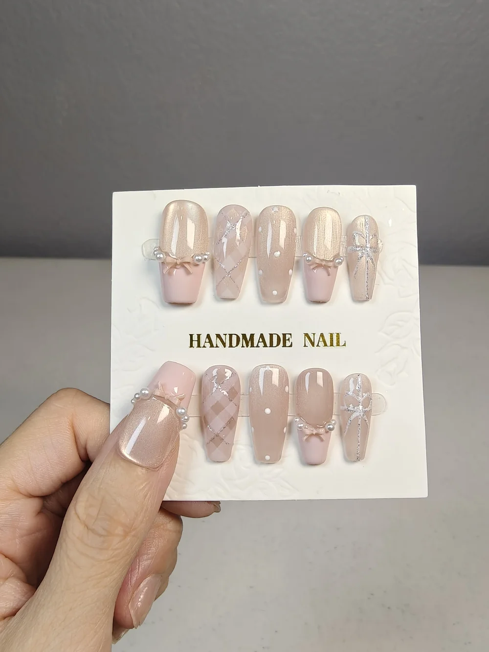 Nude‑Pink Long Coffin Press On Nails With Pink Bows Pearls & Polka Dot
